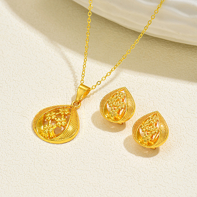 Brass Teardrop with Flower Pendant Necklace & Stud Earrings Sets for Women WB6446-1