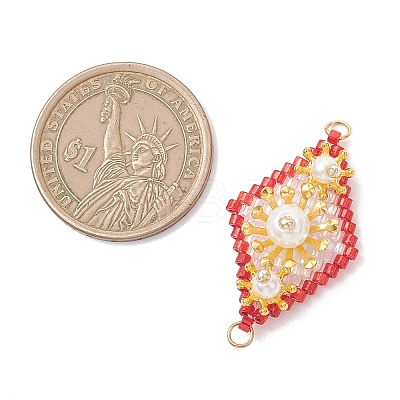 Imitation Pearl & Glass Seed Beaded Floral Rhombus Links Connector Charms PALLOY-MZ01182-02-1