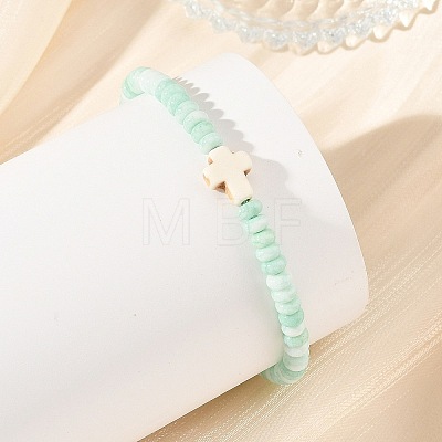 Adjustable Dyed Synthetic Turquoise Religion Cross & Ombre Effect Dyed Glass Rondelle Braided Bead Bracelets BJEW-JB14309-1