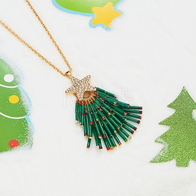 Brass Rhinestone with Glass Seed Beaded Green Christmas Tree Pendant Necklaces FS-WG6FBF4-01-1