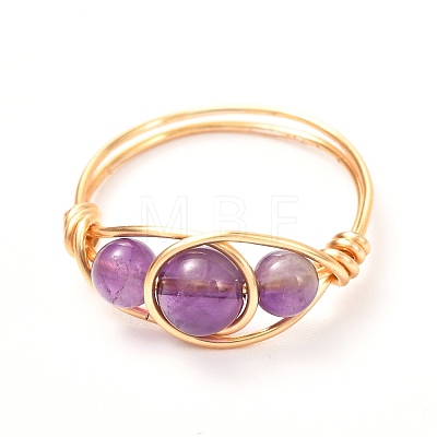 Copper Wire Wrapped Mixed Natural Gemstone Braided Bead Rings for Women RJEW-JR00387-1