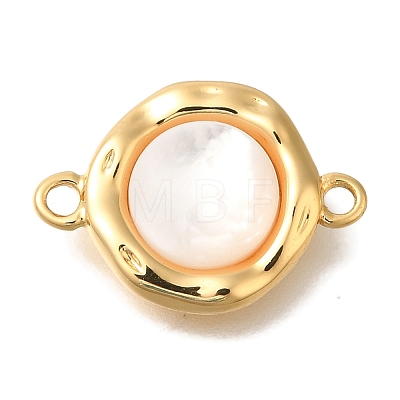 Brass Pave Natural White Shell Flat Round Connector Charms KK-K388-79G-1