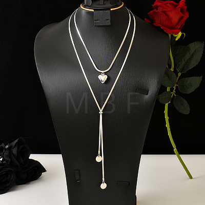 Minimalist European Style Stainless Steel & Alloy Heart Pendant Snake Chain Y-Shaped Double Layer Necklace for Women Daily Wear Gift ZC6698-2-1