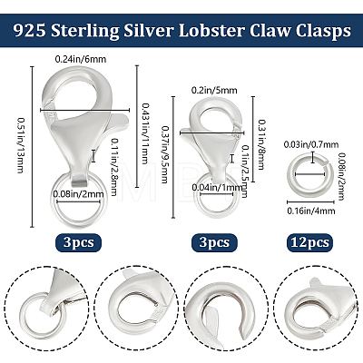 Beebeecraft 6Pcs 2 Size 925 Sterling Silver Lobster Claw Clasps STER-BBC0005-57S-1
