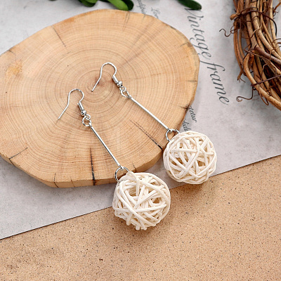 Bohemian Wood & Rattan Wood Woven Dangle Earrings WG8783F-01-1