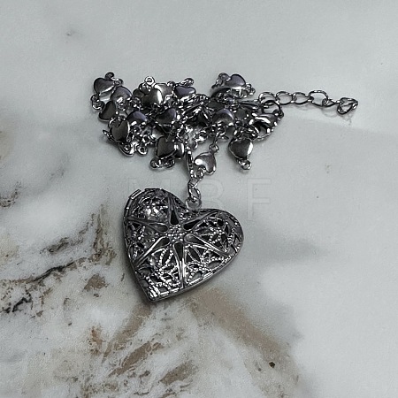 201 Stainless Steel Flower Embossed Heart Locket Pendant Necklaces FS-WG7690C-03-1