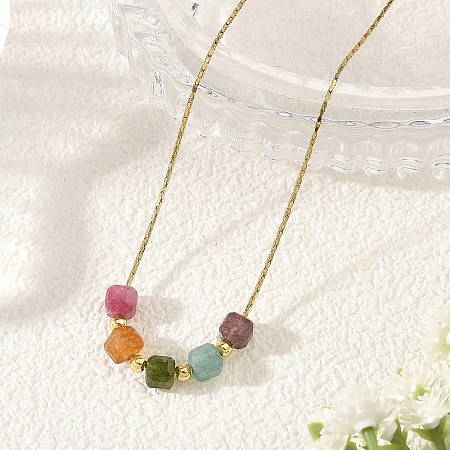Natural Multicolor Tourmaline Faceted Beaded Pendant 304 Stainless Steel Boston Link Chain Necklaces NJEW-JN06419-02-1