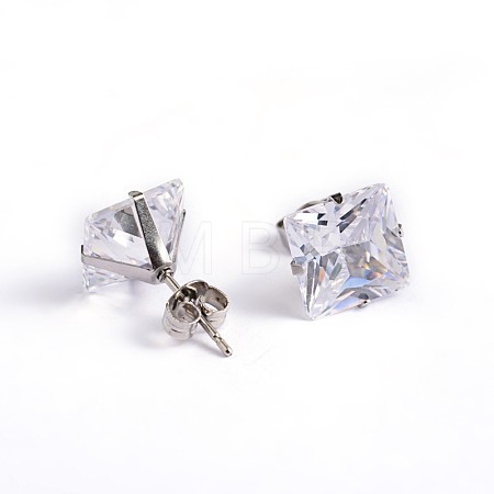 Square Cubic Zirconia Stud Earrings X-EJEW-H306-09P-9mm-1