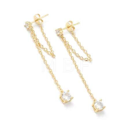 Brass Micro Pave Clear Cubic Zirconia Cable Chain Tassel Earrings EJEW-H125-12G-1