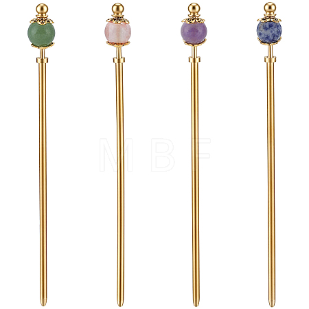 4Pcs 4 Styles Cherry Quartz Glass & Natural Blue Spot Jasper & Natural Green Aventurine & Natural Amethyst & Brass Hair Sticks OHAR-ME00003-1