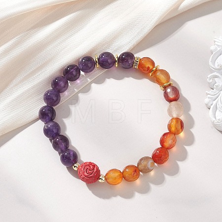 Natural Carnelian and Amethyst Round Beads Stretch Bracelets BJEW-JB13318-1