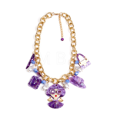 Acrylic Lady Perfume Bottle High Heel and Imitation Pearl Pendant Bib Necklaces with Alloy Chains for Women FS-WGDF0C3-07-1