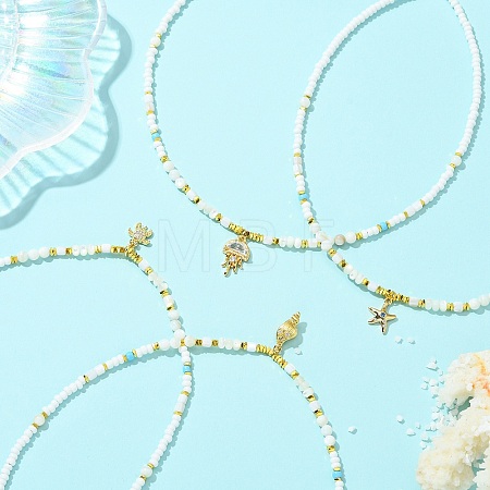 Ocean Brass Pave Clear Cubic Zirconia Sea Animals Pendant Natural Shell and Glass Seed Beaded Necklaces for Women NJEW-JN06345-1