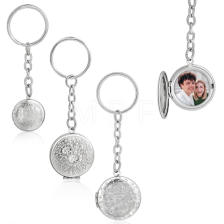 6Pcs 3 Styles Stainless Steel Pattern Locket Pendant Keychains KEYC-ME0001-17B-1
