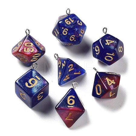 7 Styles Opaque Resin Polyhedral Dice Pendants Set RESI-A029-01U-1