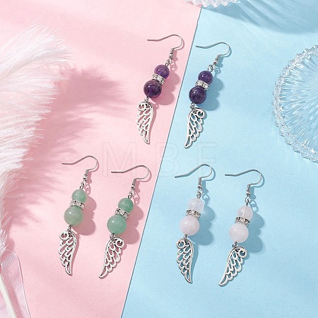 Natural Amethyst & Natural Green Aventurine & Natural Rose Quartz Wing Dangle Earrings EJEW-TA00684-1
