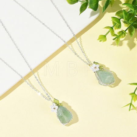 Raw Natural Green Fluorite Nuggets with Flower Wire Wrapped Pendant 304 Stainless Steel Cable Chain Necklaces NJEW-TA00268-1