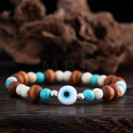 Natural Wood & Synthetic Turquoise Round Beads Stretch Bracelets for Men ED9275-2-1