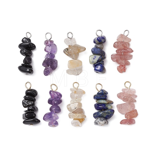 10Pcs 5 Colors 12 Constellation Natural Golden & Stainless Steel Color Sheen Obsidian & Lapis Lazuli & Gold Rutilated Quartz & Amethyst & Strawberry Quartz Pendants PALLOY-JF02839-03-1