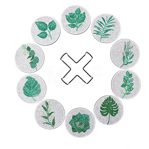 DIY 10Pcs Leaves Theme Coasters Diamond Art Painting Kit with Holder PW-WG9278E-01-1