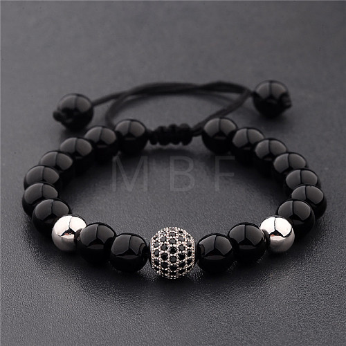 Round Natural Black Onyx(Dyed & Heated) & Brass Pave Cubic Zirconia Braided Bead Bracelets for Women Men QX9034-3-1