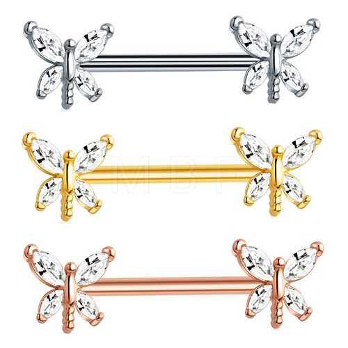 304 Stainless Steel Clear Cubic Zirconia Dragonfly Nipple Bar WG95A02-02-1