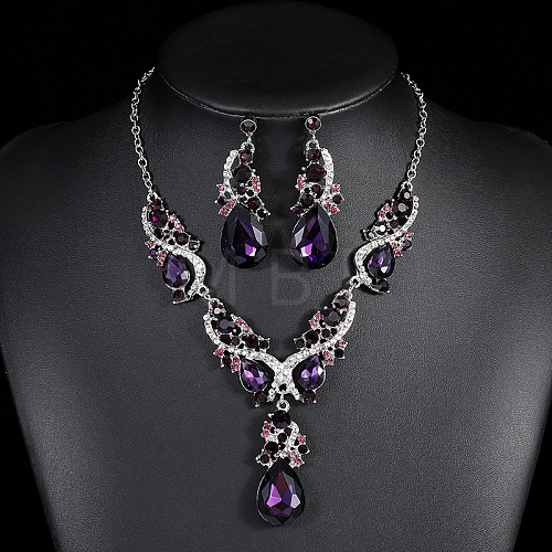 Teardrop Alloy Rhinestone Pendant Necklaces & Stud Dangle Earrings Sets FS-WGB9BB4-02-1