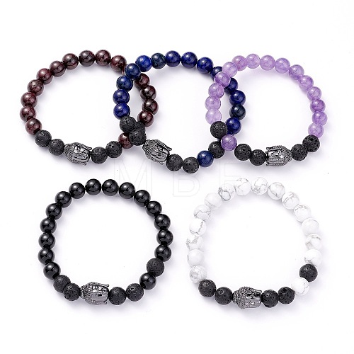 Natural Mixed Stone & Natural Lava Rock Round Beads Energy Power Stretch Bracelet for Girl Women BJEW-JB07041-1
