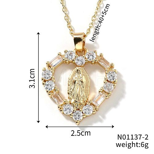 Brass Cubic Zirconia Hollow Heart Design Virgin Mary Pendant Exquisite Necklaces FG0740-2-1