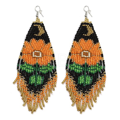 Boho Seed Bead Flower Tassel Earrings EJEW-Q380-07B-1