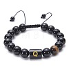 10MM Natural Black Onyx(Dyed & Heated) and Tiger Eye Alphabet Round Braided Bead Adjustable Bracelets for Women DM6424-17-1