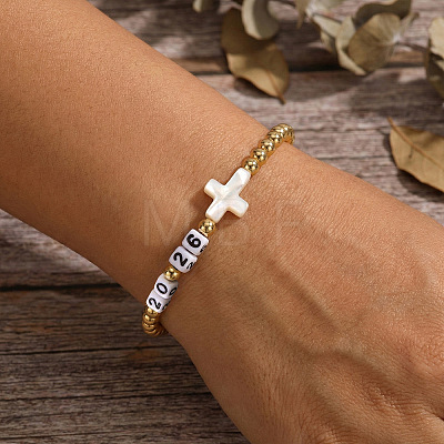Adjustable New Year 2026 Brass Round Beaded Stretch Bracelets with Natural White Shell Cross OF5922-1