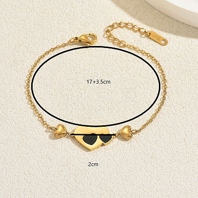 Stainless Steel Enamel Black Couple Heart Link Bracelets for Daily Casual and Work Wear YH0561-1