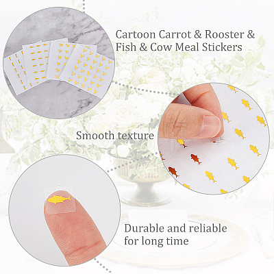 Olycraft 80 Sheets 4 Style Cartoon Carrot & Rooster & Fish & Cow Meal Stickers DIY-OC0008-68A-1