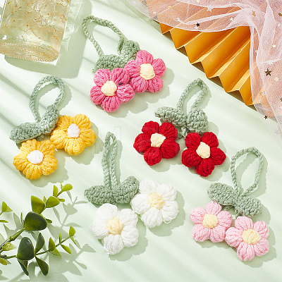 5Pcs 5 Colors Crochet Puff Flower Pendant Decorations with Adjustable Leaf DIY-FG0004-12-1