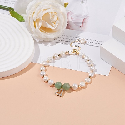 Natural Green Aventurine & Pearl Beaded Bracelet with Cubic Zirconia Heart Charm BJEW-JB08167-02-1