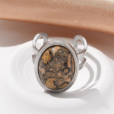 Oval Natural Leopard Skin Jasper Finger Rings RJEW-M062-02P-16-1