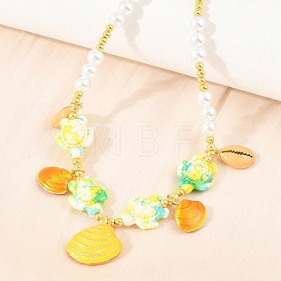Ocean Brass Enamel Starfish Shell Shape Pendant Round ABS Imitation Pearl Beaded Necklaces KK-CBA4547-04A-G-1