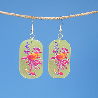 Rectangle with Bird Pattern Acrylic Dangle Earrings FS-WG54A2C-05-1