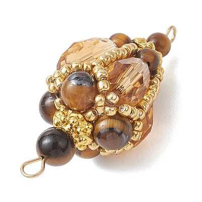 Bohemian Natural Tiger Eye Round with Glass Beaded Teardrop Links Connector Charms PALLOY-MZ01227-01-1