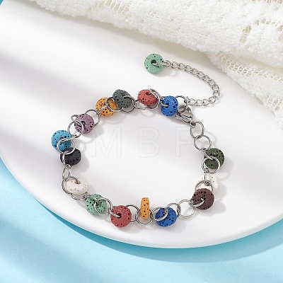 Dyed Natural Lava Rock Disc Beaded Chain Bracelet BJEW-JB09664-1