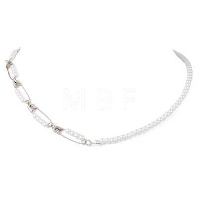 Iron Safety Pins and Acrylic Imitation Pearl Round Beaded Necklaces NJEW-JN05613-1