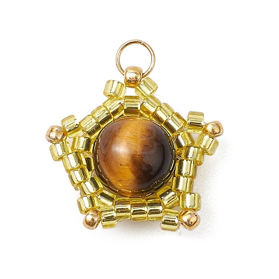 Natural Tiger Eye & Handmade Glass Seed Beaded Star Pendants PALLOY-MZ00491-02-1