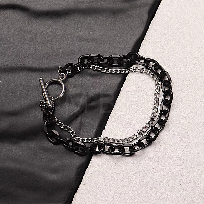 Two Tone 201 Stainless Steel Curb Chain & Cable Chain Double Layers Bracelets for Women Men FS-WGC755C-01-1