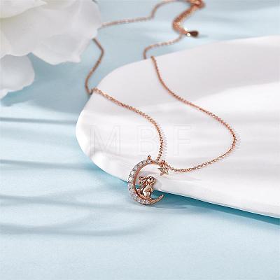 Chinese Zodiac Necklace Rabbit Necklace 925 Sterling Silver Rose Gold Bunny on the Moon Pendant Charm Necklace Zircon Moon and Star Necklace Cute Animal Jewelry Gifts for Women JN1090D-1