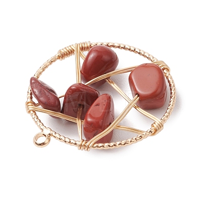 Natural Red Jasper Nuggets Copper Wire Wrapped Flat Round Pendants PALLOY-JF03038-02-1