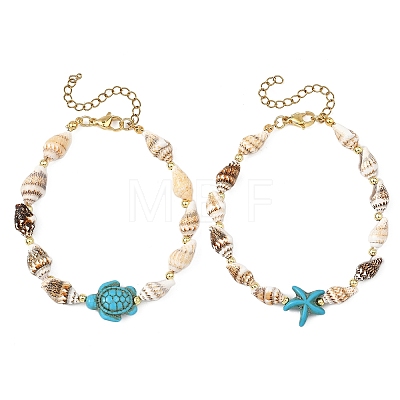 2Pcs Natural Sea Shell & Synthetical Turquoise Beaded Bracelets for Women BJEW-JB13838-1