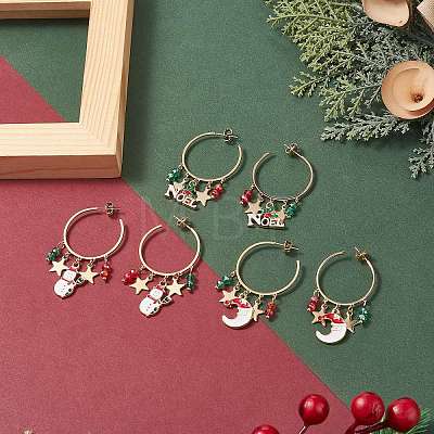 3 Pairs 3 Style Christmas Snowman & Moon & Word Noel Alloy Enamel Dangle Stud Earrings EJEW-TA00221-1