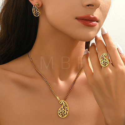 Stainless Steel Hollow Teardrop Pendant Necklace & Stud Earrings & Ring Sets for Women AU4910-1