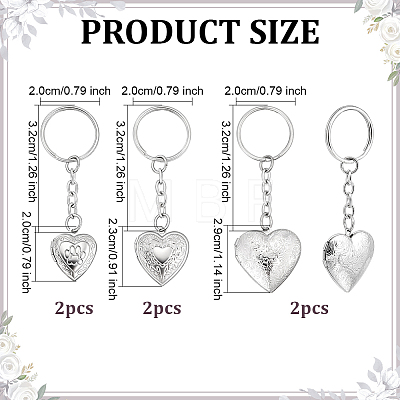 6Pcs 3 Styles Stainless Steel Pattern Locket Pendant Keychains KEYC-ME0001-17A-1
